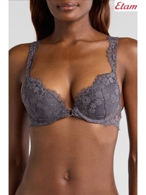ETAM NWT POETIQUE METALLIC GREY UNDERWIRE PLUNGE PUSH-UP BRA. SIZE 36B